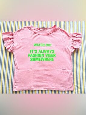 Zara Pink Ruffle Sleeve Graphic Tee - "Fashion Week", 100% cotton